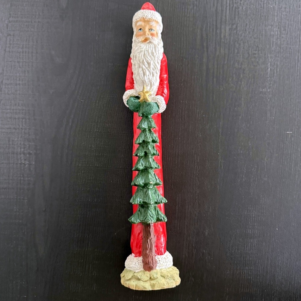 Tall Slender Santa Claus Figurine Holding Christmas Tree Resin Folk Art 12 Inch